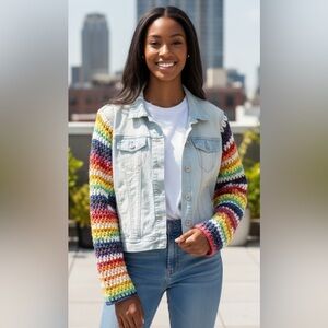 Nine West Denim Jacket with Rainbow Crochet Sleeves Size Medium